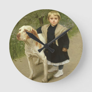 Young Child and a Big Dog (oil on canvas) Round Clock