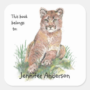 Young Cougar Watercolor Animal  Custom Bookplate Square Sticker