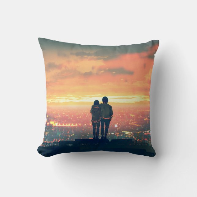 young couple standing on the roof top looking at c cushion (Front)