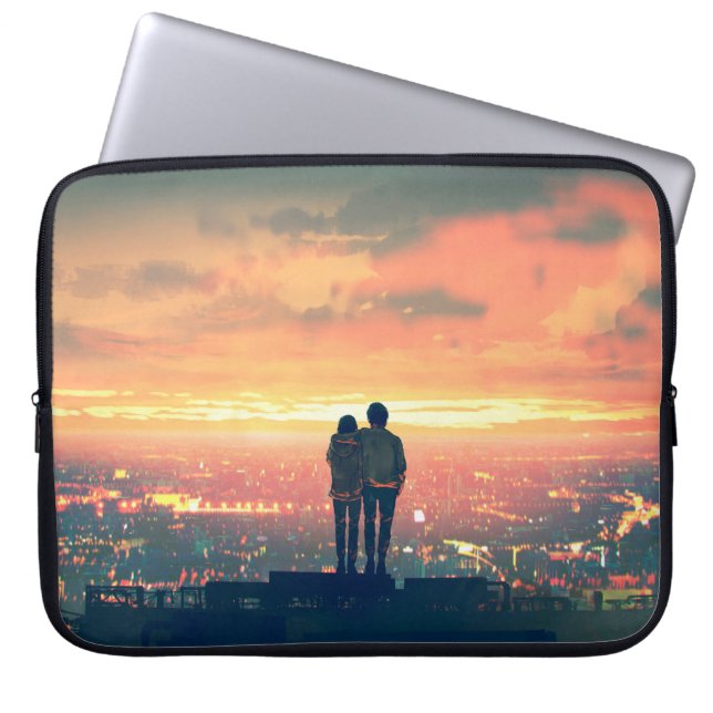 young couple standing on the roof top looking at c laptop sleeve (Front)