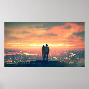 young couple standing on the roof top looking at c poster