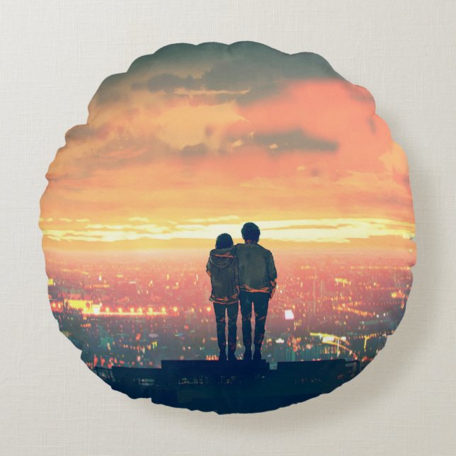 young couple standing on the roof top looking at c round cushion (Front)