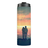 young couple standing on the roof top looking at c
