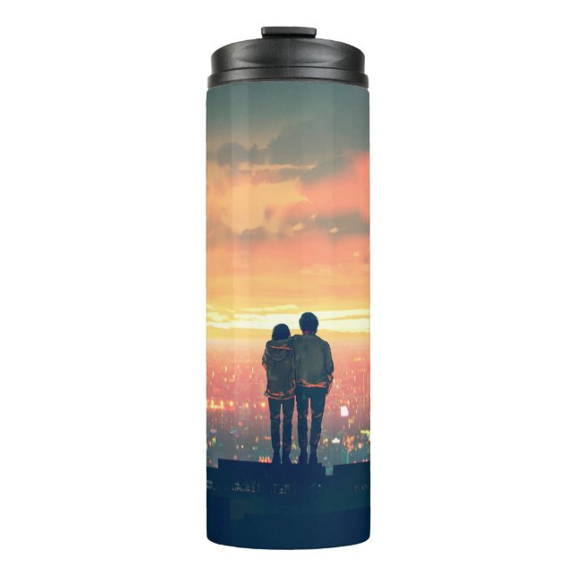 young couple standing on the roof top looking at c thermal tumbler (Front)