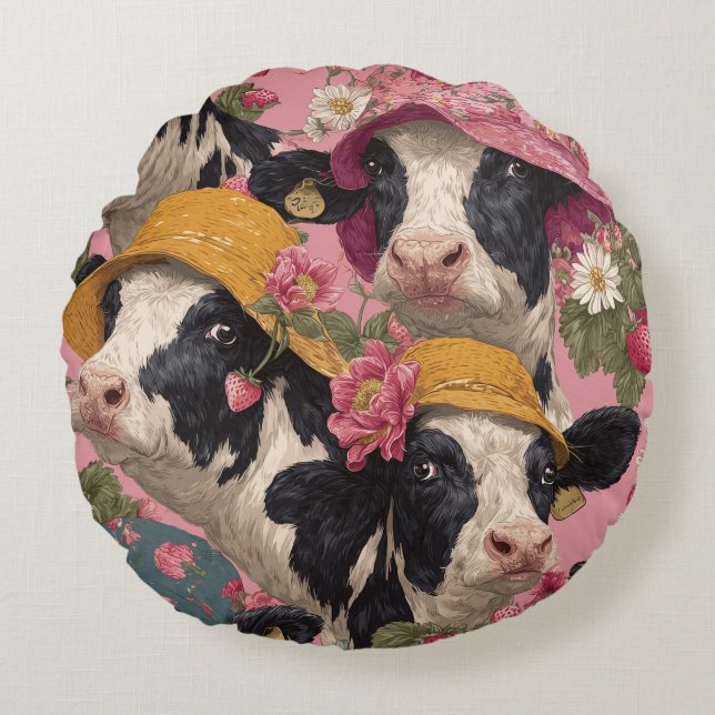 Young Cows Wearing Spring Hats In Strawberry Field Round Cushion (Front)