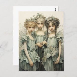 Young Cute Fairies Wearing Green Satin Dresses  Postcard