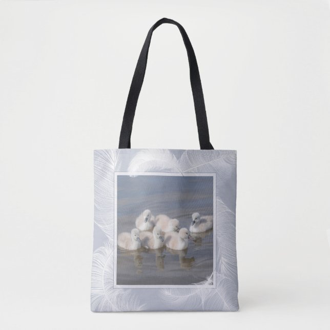 Young Cygnet Swans & Feathers Blue Tote (Front)