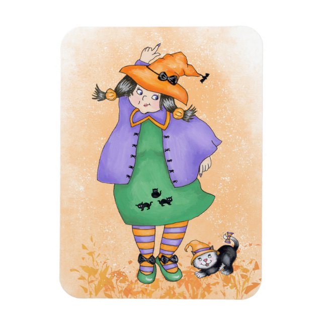 Young, dancing Witch with Cat  Magnet (Vertical)