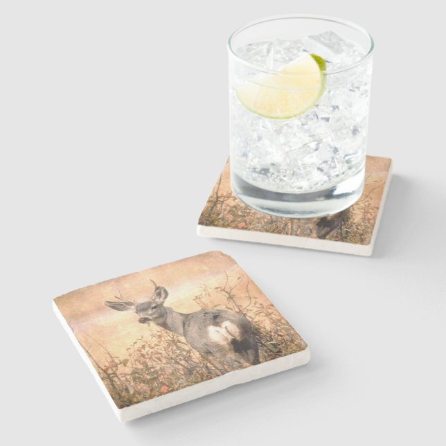 Young Deer in Wildflowers with Grungy Texture Art Stone Coaster (Side)