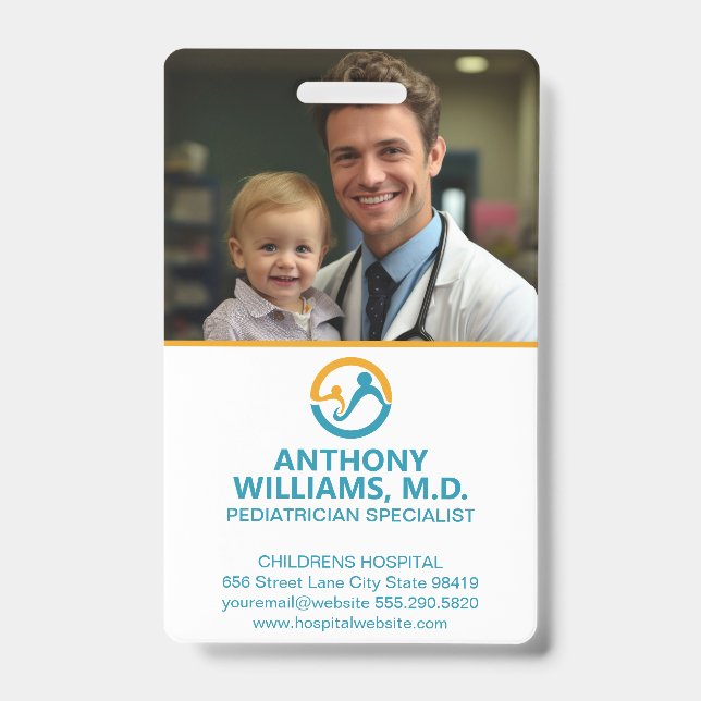 Young Doctor Holding Smiling Child ID Badge (Front)
