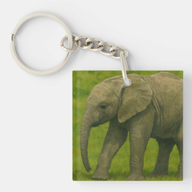 Young Elephant with Guardian in Grassy Reserve Key Ring (Front)