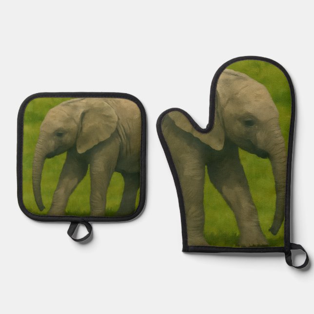 Young Elephant with Guardian in Grassy Reserve Oven Mitt & Pot Holder Set (Front)