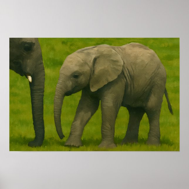 Young Elephant with Guardian in Grassy Reserve Poster (Front)