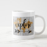 Young Explorer V Large Coffee Mug<br><div class="desc">A cute design featuring a gol
den text phrase and a gold map of the world over a grey plank background.. Artist: Studio W</div>