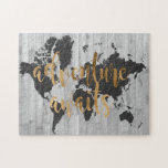 Young Explorer VI Jigsaw Puzzle<br><div class="desc">A cute design featuring a gol
den text phrase and a black map of the world over a grey plank background.. Artist: Studio W</div>
