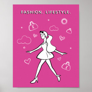Young Fashion Girl - Sketch in Black, White & Pink Poster
