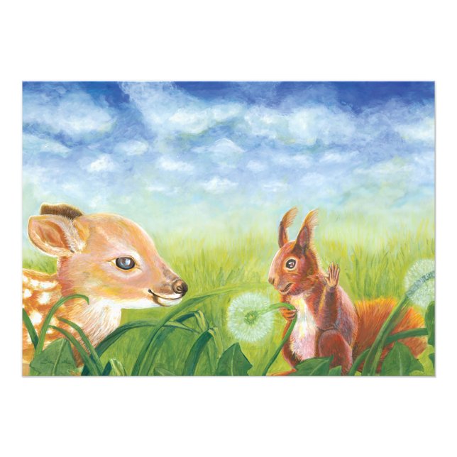 Young Fawn and Squirrel on Spring Meadow Photo Print (Front)