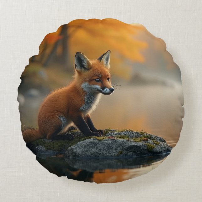 Young Fox in Autumn Round Cushion (Front)