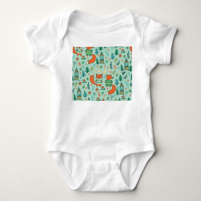 Young Foxes: Children's Seamless Pattern. Baby Bodysuit (Front)