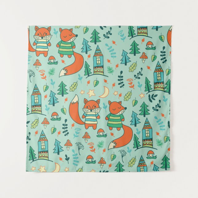 Young Foxes: Children's Seamless Pattern. Tapestry (Front)