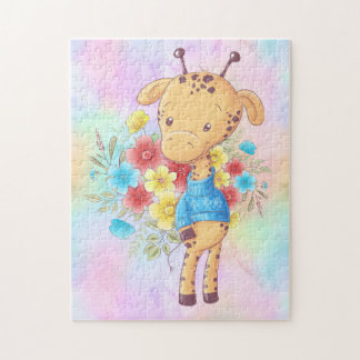 Young Giraffe in a Blue Sweater with Flowers Jigsaw Puzzle