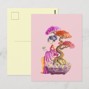 Young girl and her giant Japanese tree. Postcard