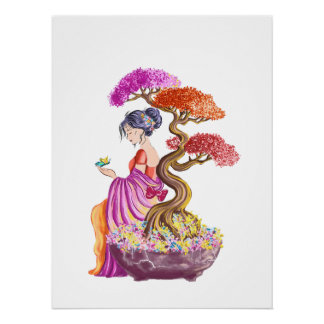 Young girl and her giant Japanese tree. Poster