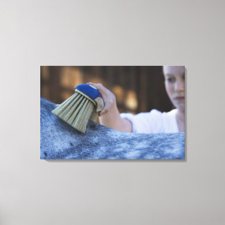 young girl brushing white horse canvas print