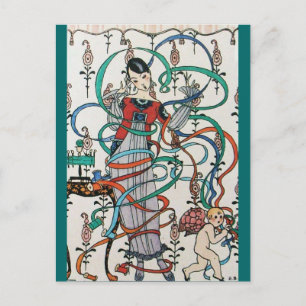 YOUNG GIRL,COLORFUL RIBBON SWIRLS,CUPID Valentine Holiday Postcard