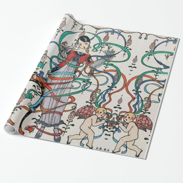 YOUNG GIRL,COLORFUL RIBBONS ,CUPID Valentines Day Wrapping Paper (Unrolled)