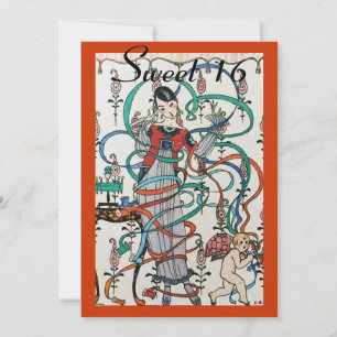 YOUNG GIRL,COLORFUL RIBBONS SWEET 16  PARTY Orange Invitation