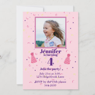 Young Girl confetti on pink Birthday Party Invitation