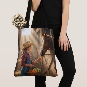 Young Girl Feeding a Horse Carrots Tote Bag