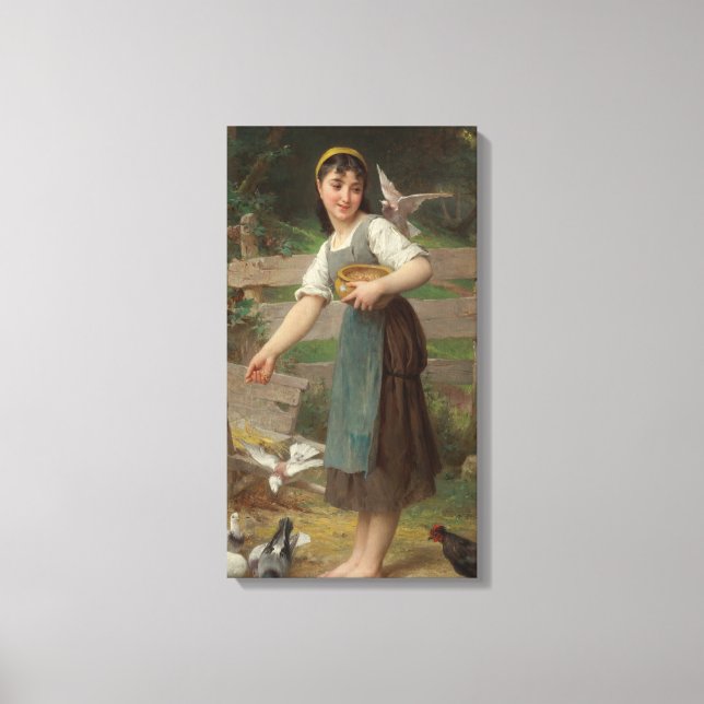 Young Girl Feeding the Doves (by Émile Munier) Canvas Print (Front)