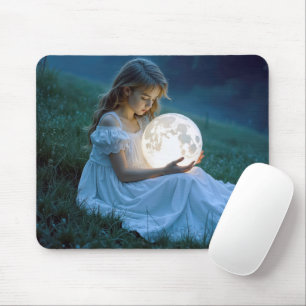Young Girl Holding a Glowing Moon Mouse Pad