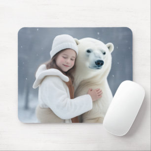 Young Girl Hugging a Polar Bear Mouse Pad