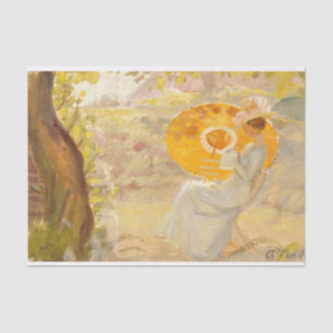 Young Girl in a Garden with Orange Umbrella  Tissue Paper