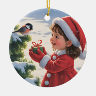 Young Girl in a Santa Suit with a Robin and Gift Ceramic Tree Decoration