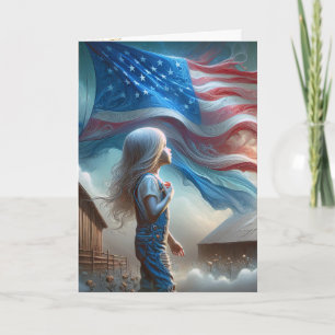Young Girl In Cotton Field With Flag Card