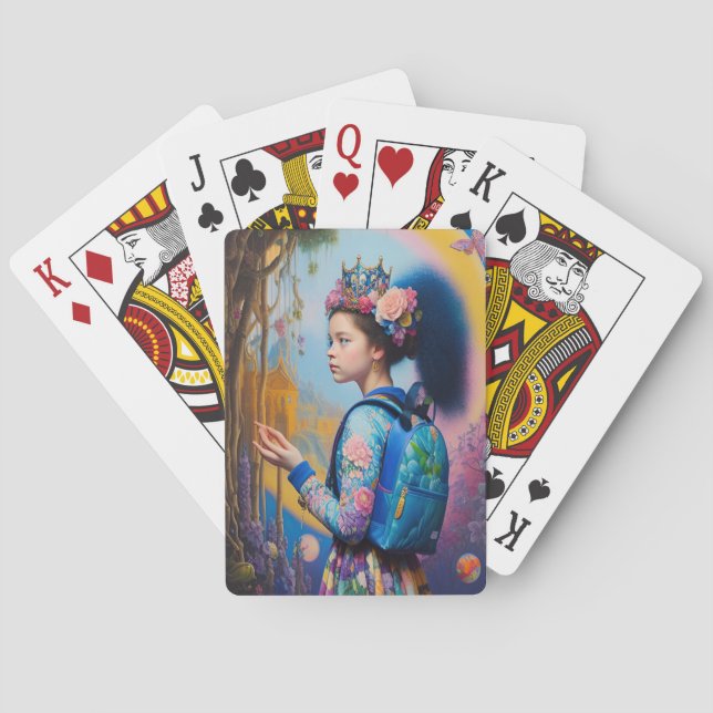Young girl in forest with backpack playing cards (Back)