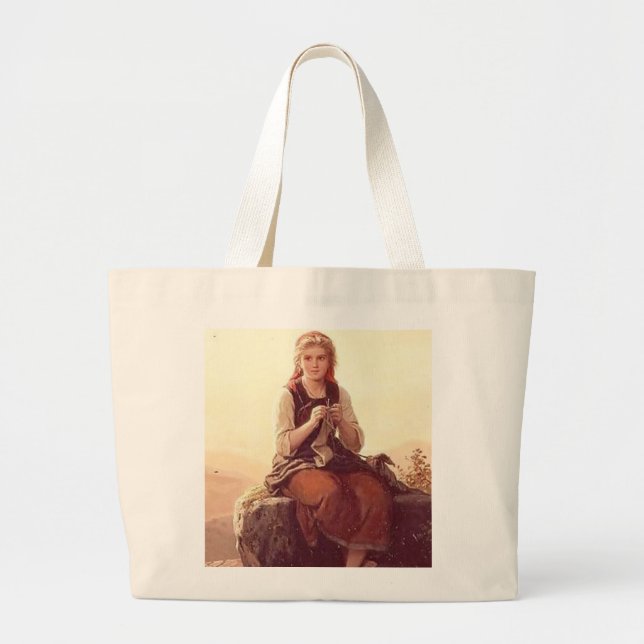 Young Girl Knitting Large Tote Bag (Front)