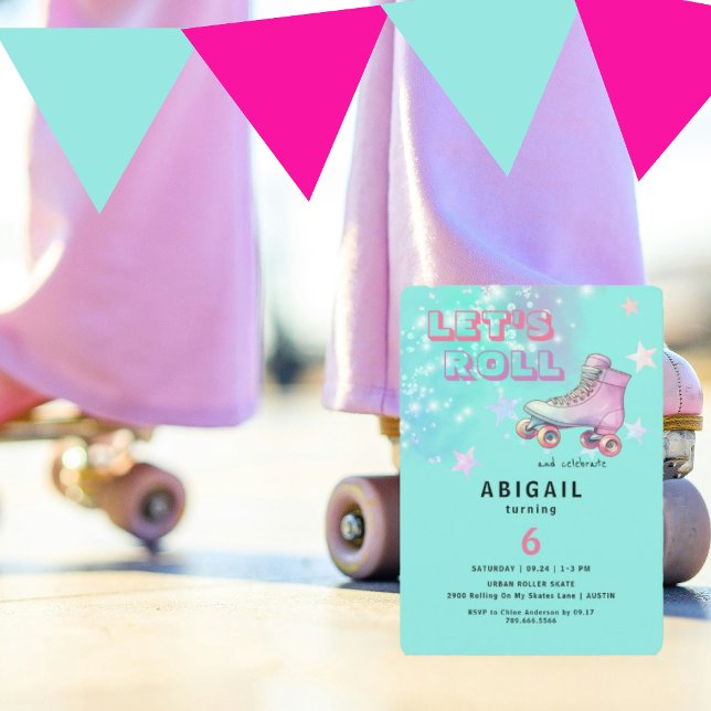 Young Girl Let's Roll Turquoise Birthday Party Invitation (Creator Uploaded)