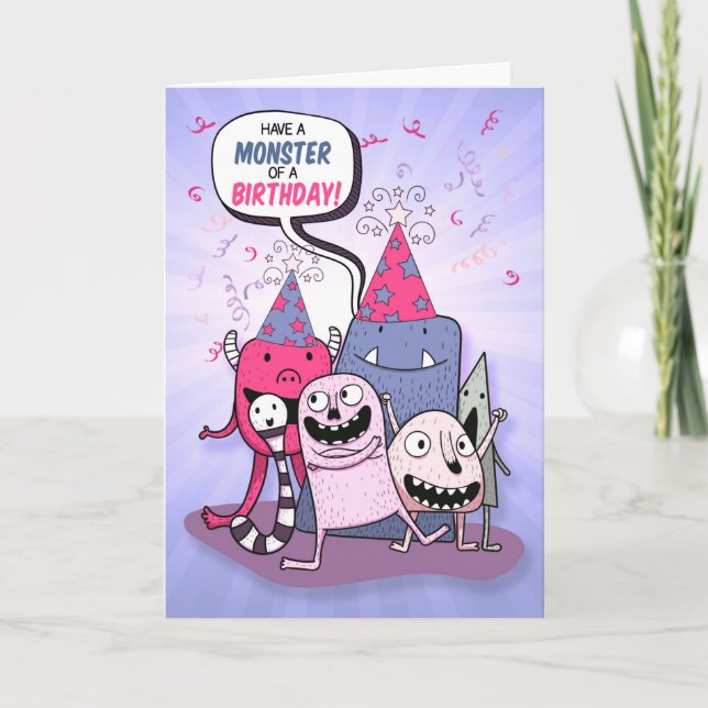 Young Girl Pink and Purple Monster Birthday Card (Front)