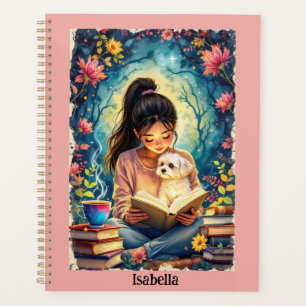 Young Girl Reading with Her Dog Add Name & Text Planner