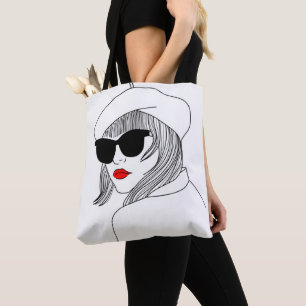 Young Girl Red Lips Sunglasses French Hat Tote Bag