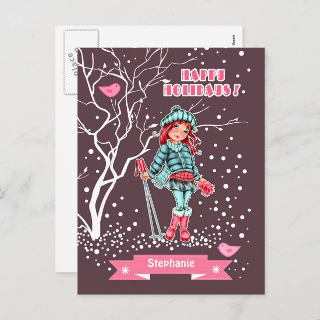 Young Girl Skier | Custom Name Christmas Holiday Postcard (Front/Back)