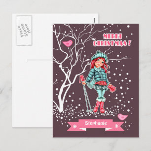 Young Girl Skier   Custom Name Christmas  Holiday Postcard
