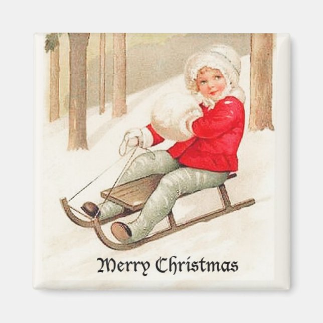 Young Girl Sledding Vintage Magnet (Front)