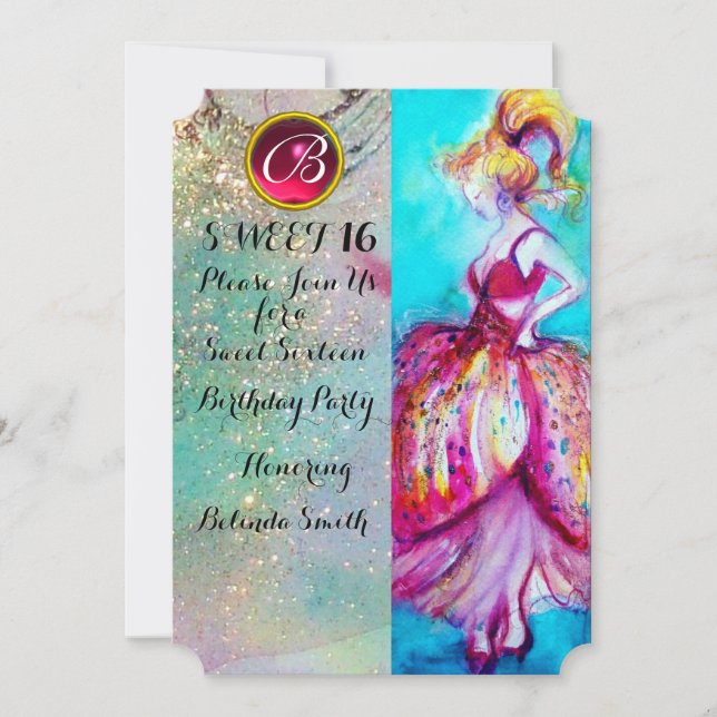 YOUNG GIRL SWEET 16 PARTY, Blue Sparkles Monogram Invitation (Front)