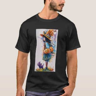 Young Girl Witch With JackOLanterns And Purple Cat T-Shirt